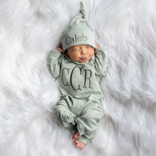 Monogrammed Baby Boy Gift Set with Blanket and Knotted Hat Light Sag Junie Grace