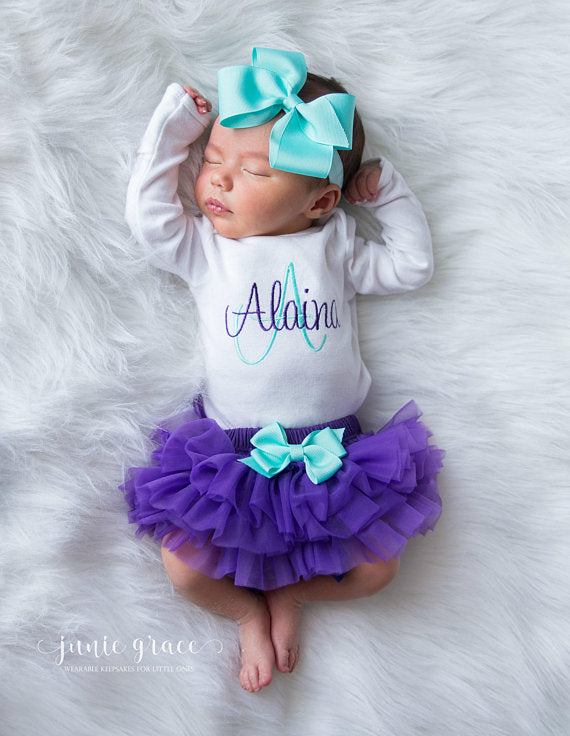 Purple and Aqua Baby Girl Tutu and Personalized Bodysuit – Junie Grace