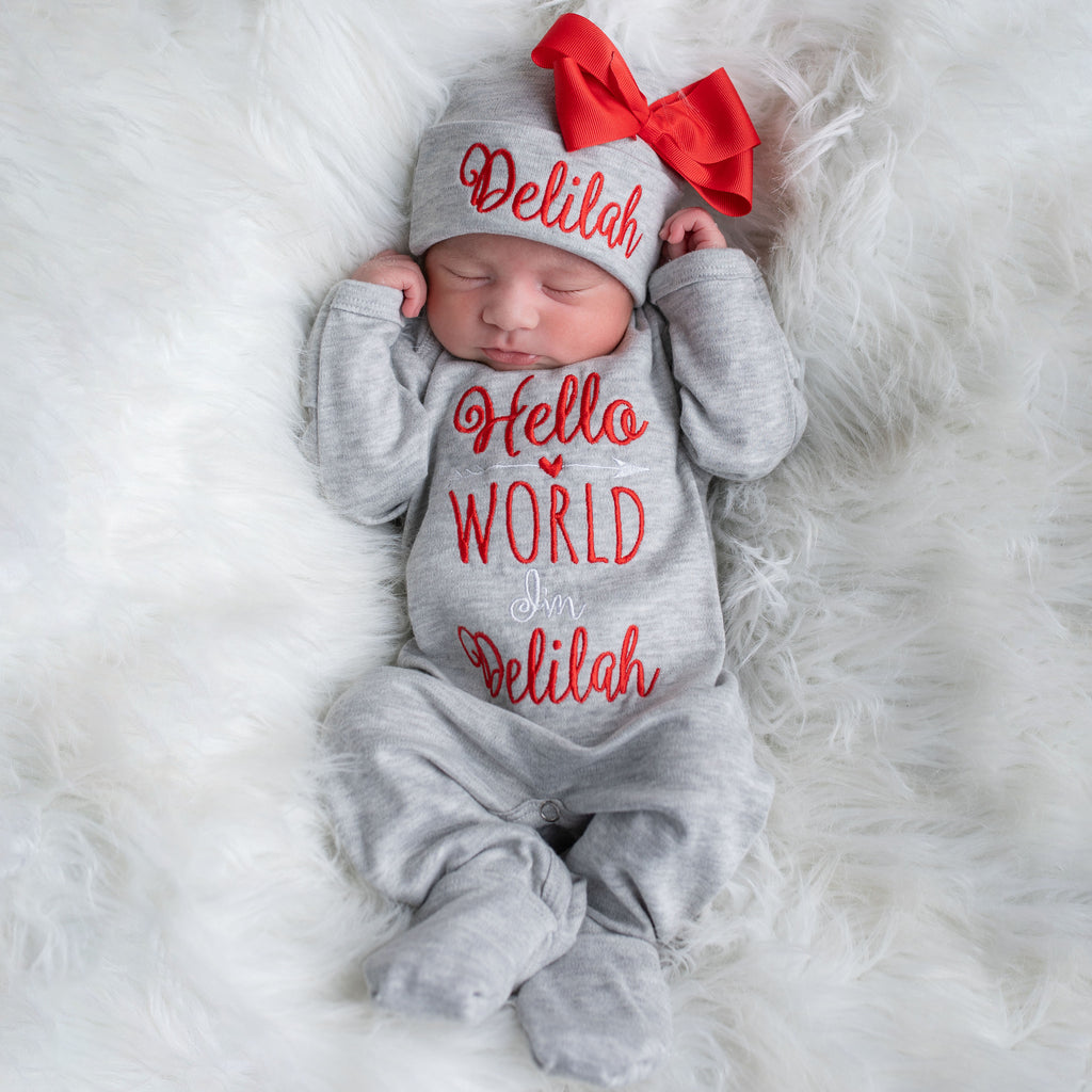 Personalized Baby Girl Hello World Outfit - Red w/White Accents – Junie ...