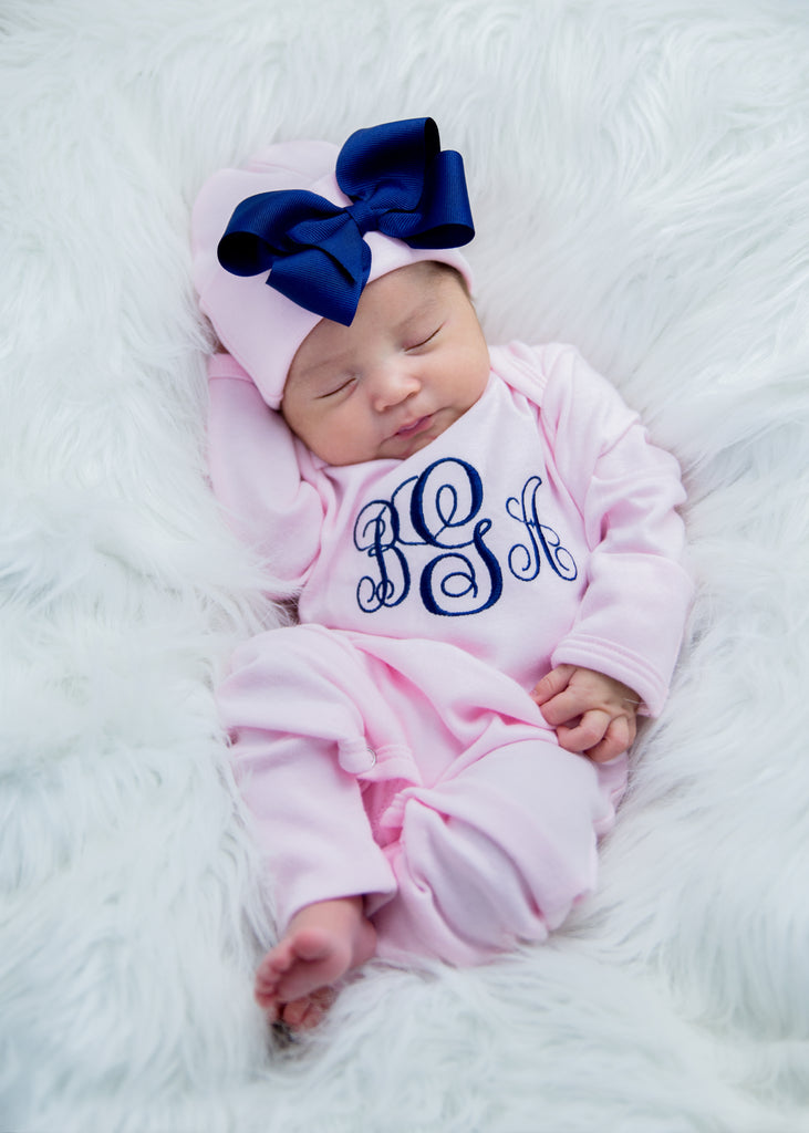 baby girl dress Newborn Monogrammed Outfit Pink and Navy Puff sleeves Zapaka Women Black Work colourway-ellie Color:DUSTYBLUE