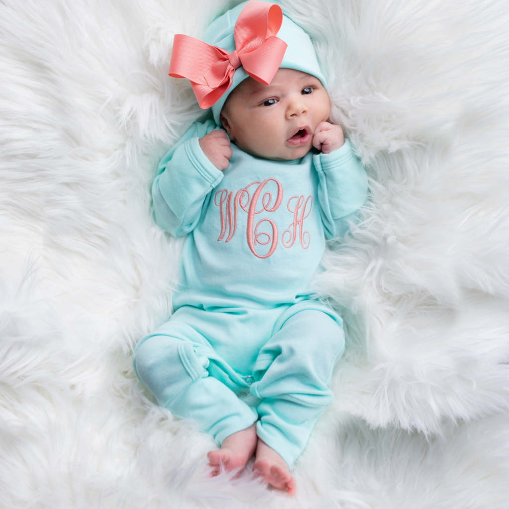 Baby Girl Monogrammed Mint \u0026 Coral Hat \u0026 Sleeper Outfit – Junie Grace, image size:1024x1024