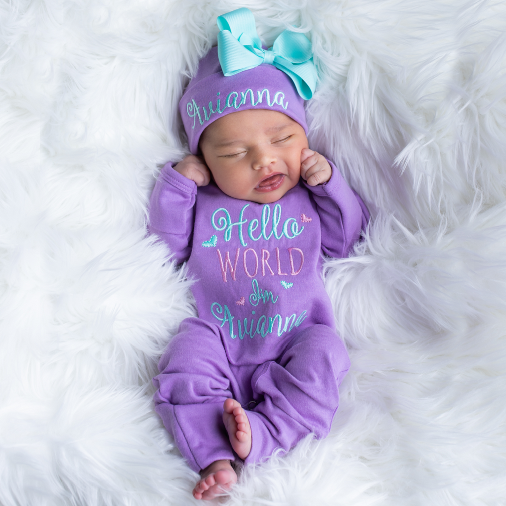 Hello World Baby Girl Coming Home Outfit Purple Junie Grace
