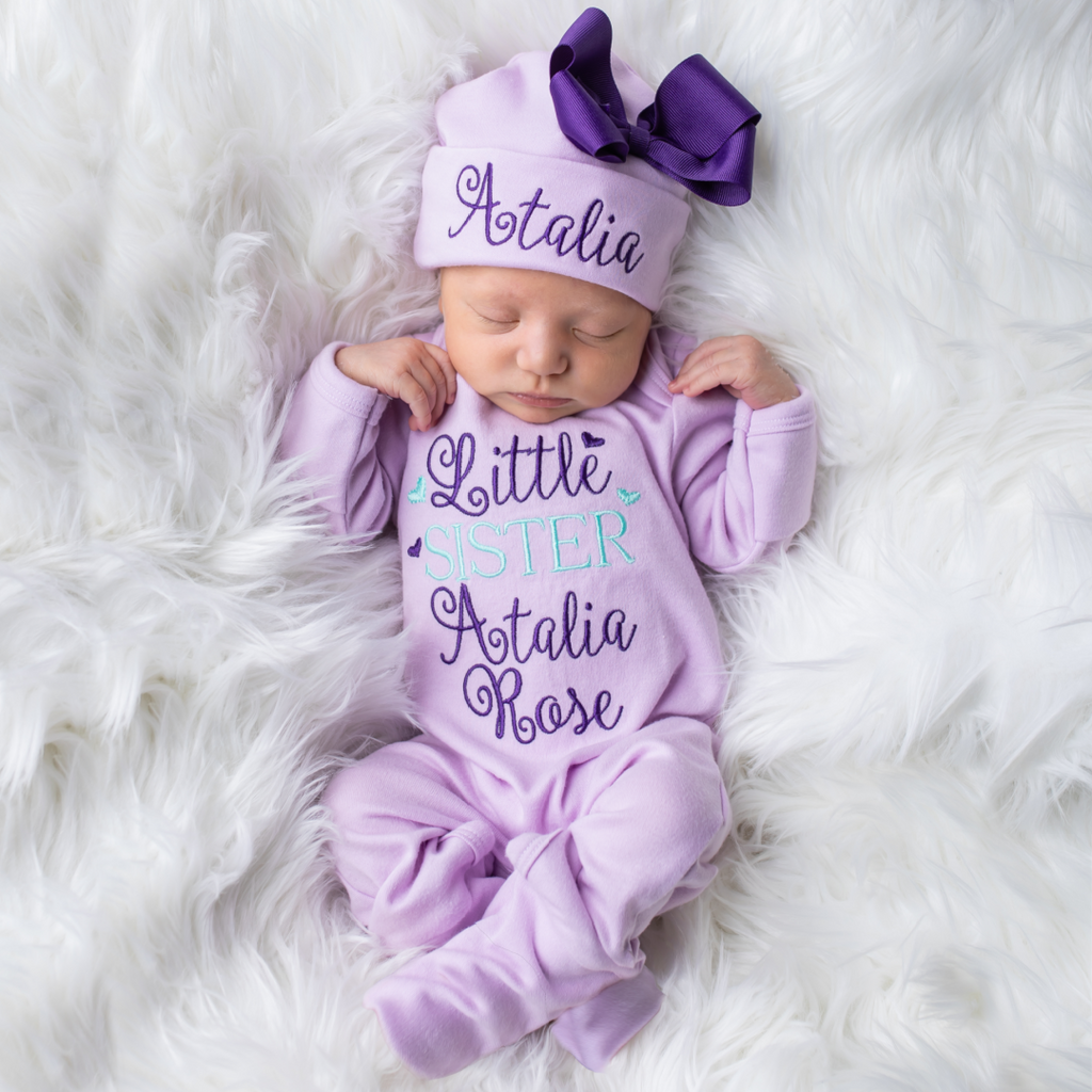 Little Sister Baby Girl Sleeper Hat Lavender Junie Grace