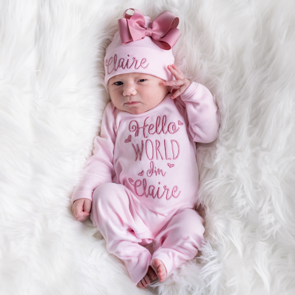 Personalized Baby Girl Hello World Outfit pink and mauve Junie