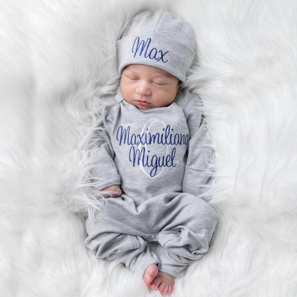Newborn Baby Boy Coming Home Outfit Cursive Font Junie Grace