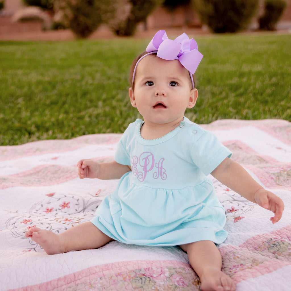 Monogrammed Baby Girl Dress Aqua – Junie Grace - Main Image