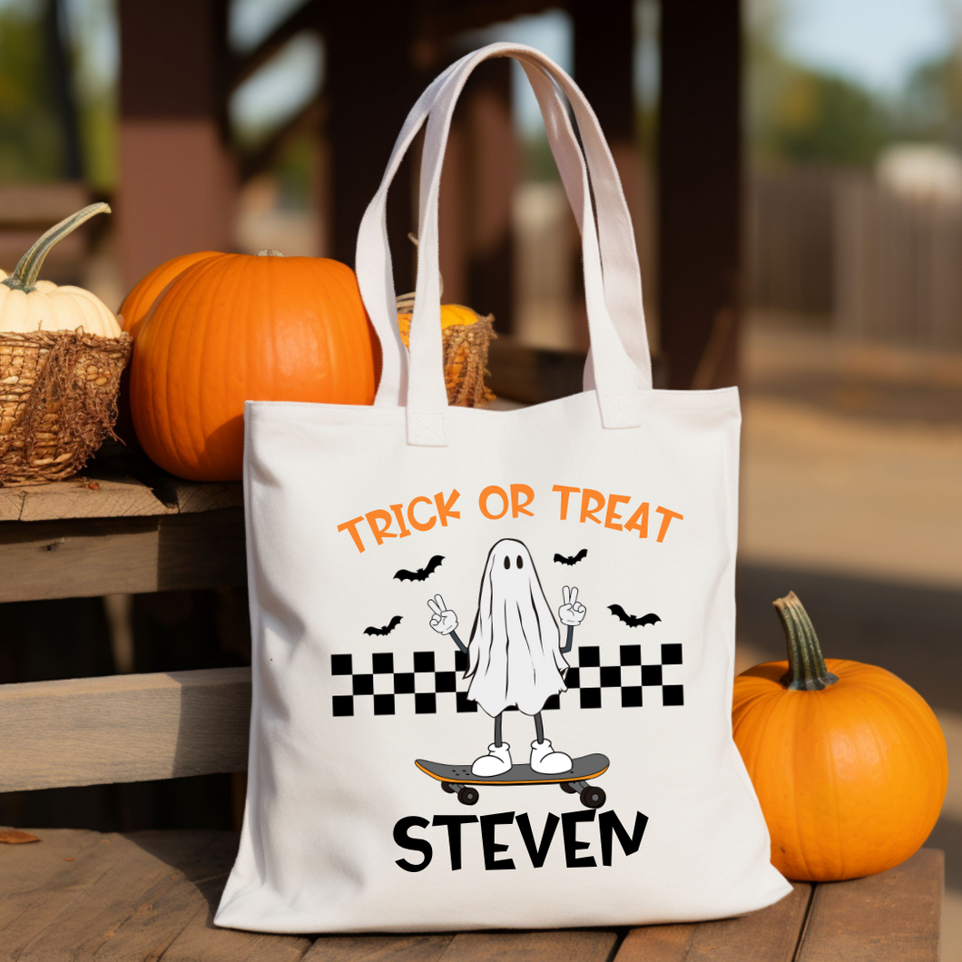 Personalized Halloween Trick OR Treat Bag - Skateboarding  Ghost