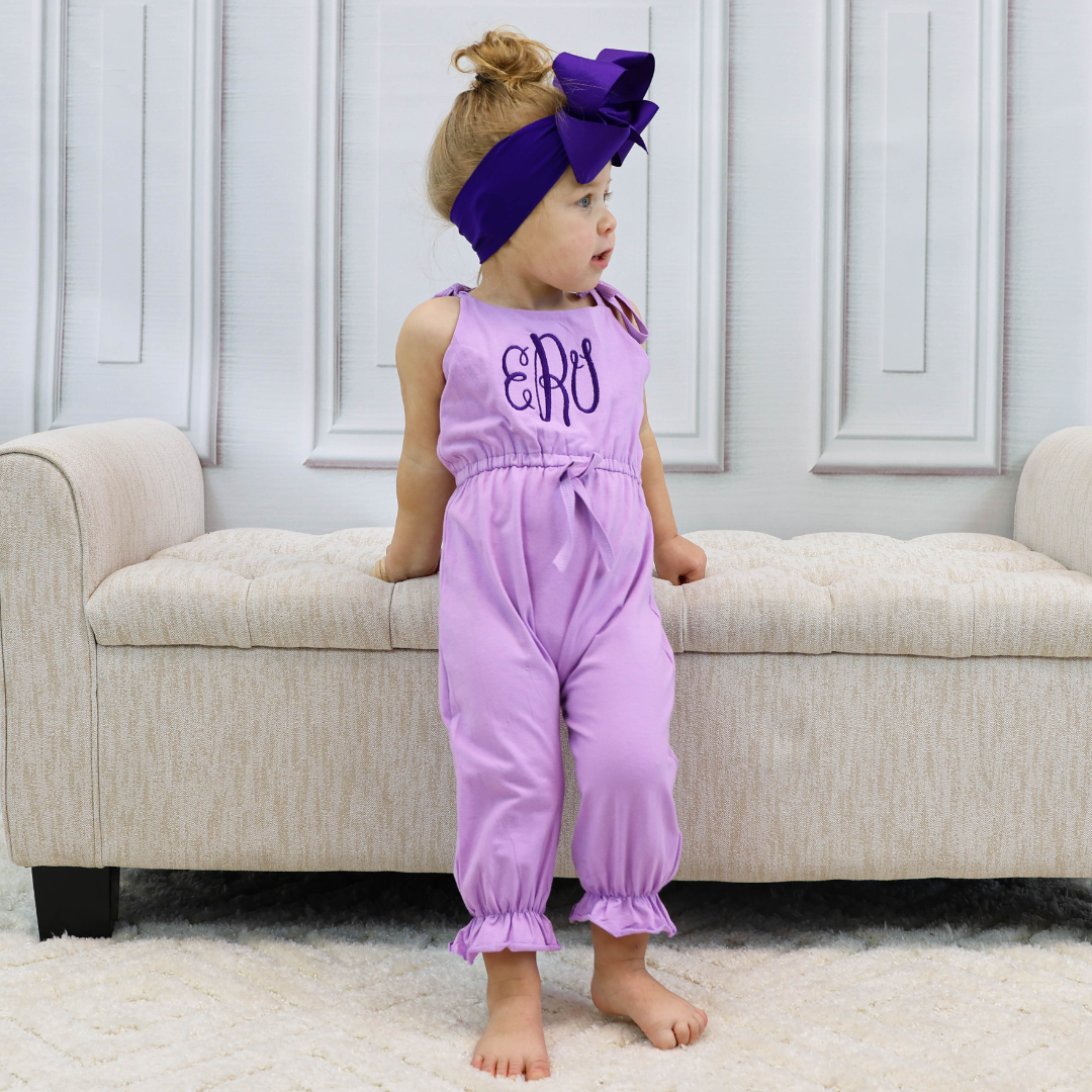 Girls Strappy Summer Jumpsuit - Lavender – Junie Grace Girls Strappy Summer Jumpsuit - Lavender – Junie Grace