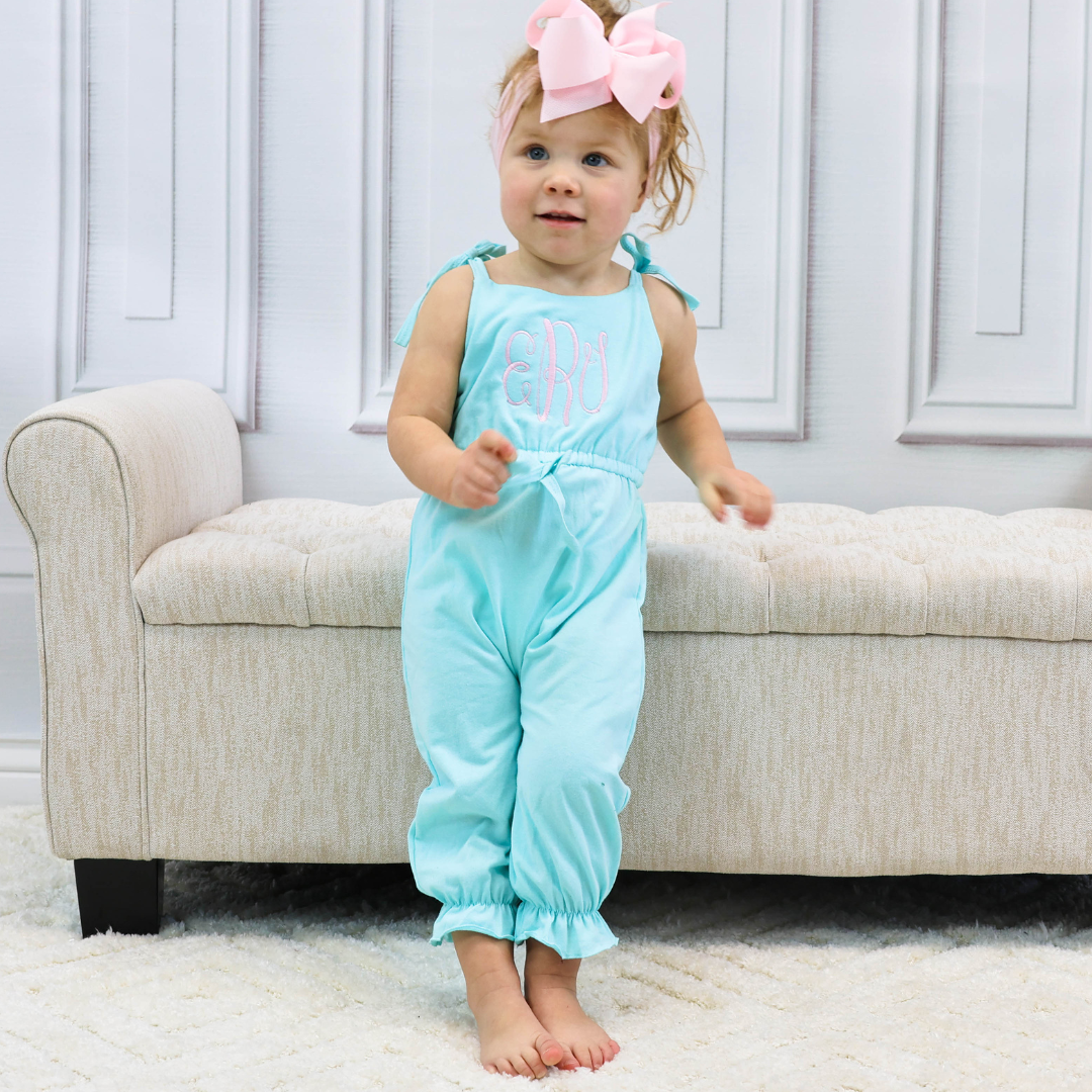 Girls Strappy Summer Jumpsuit - Aqua – Junie Grace Girls Strappy Summer Jumpsuit - Aqua – Junie Grace