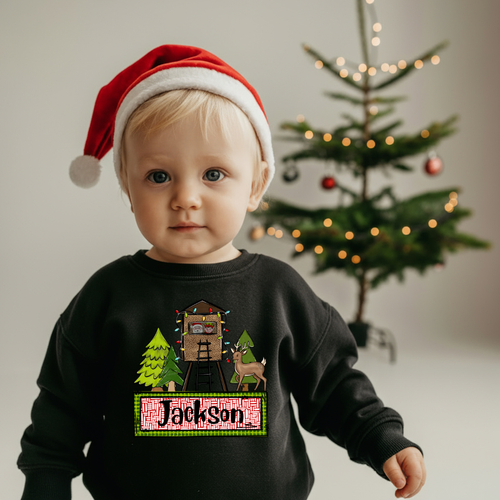 Personalized Kid's Christmas Sweatshirt  -  Reinder and Santa Treehouse