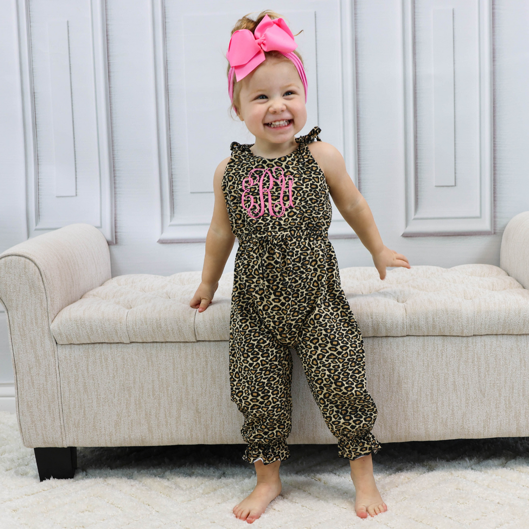 Girls Strappy Summer Jumpsuit - Leopard Print