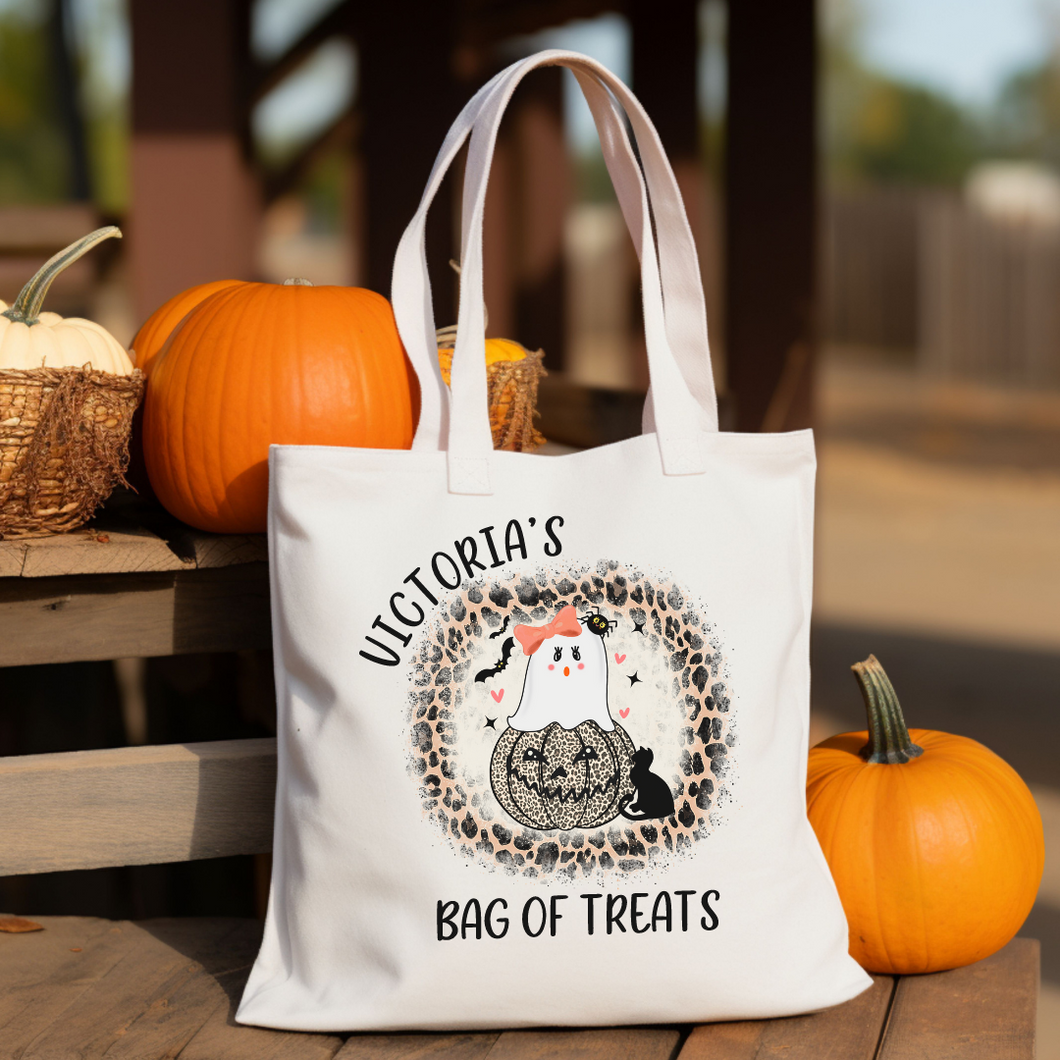 Personalized Halloween Trick OR Treat Bag - Leopard Print Ghost