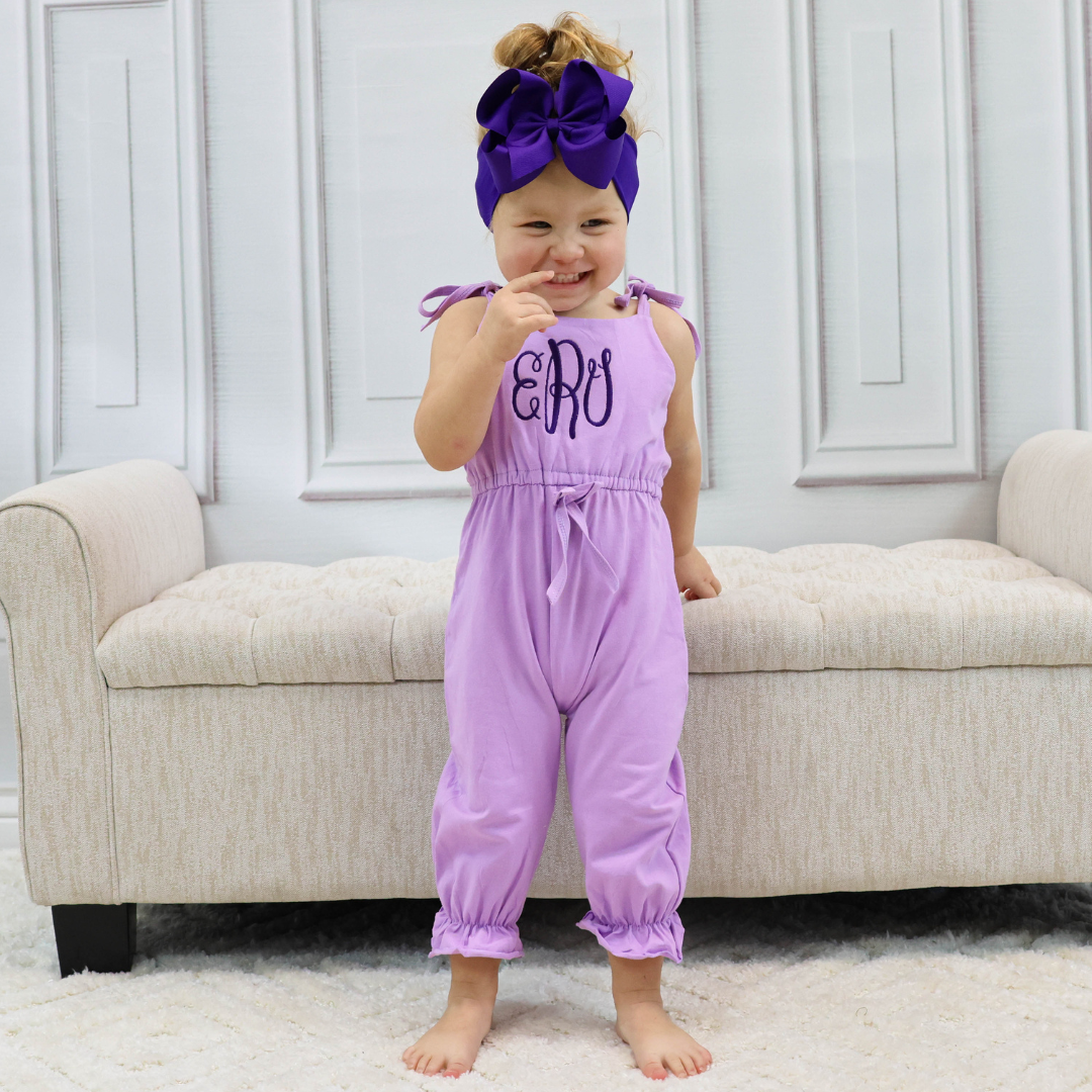 Girls Strappy Summer Jumpsuit - Lavender – Junie Grace Girls Strappy Summer Jumpsuit - Lavender – Junie Grace