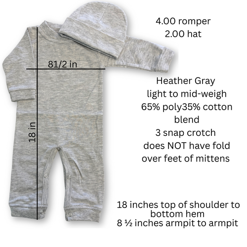 0-3m Heather Gray Non Footed Romper + Optional Hat