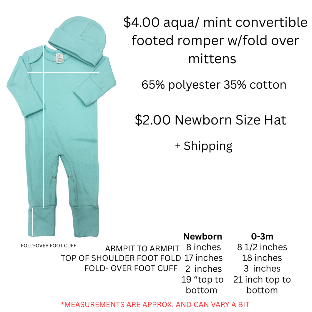 Aqua/ Mint  Convertible Footed Romper + Optional Hat - Destash