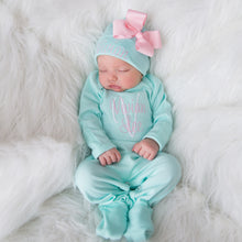 Aqua/ Mint  Convertible Footed Romper + Optional Hat - Destash