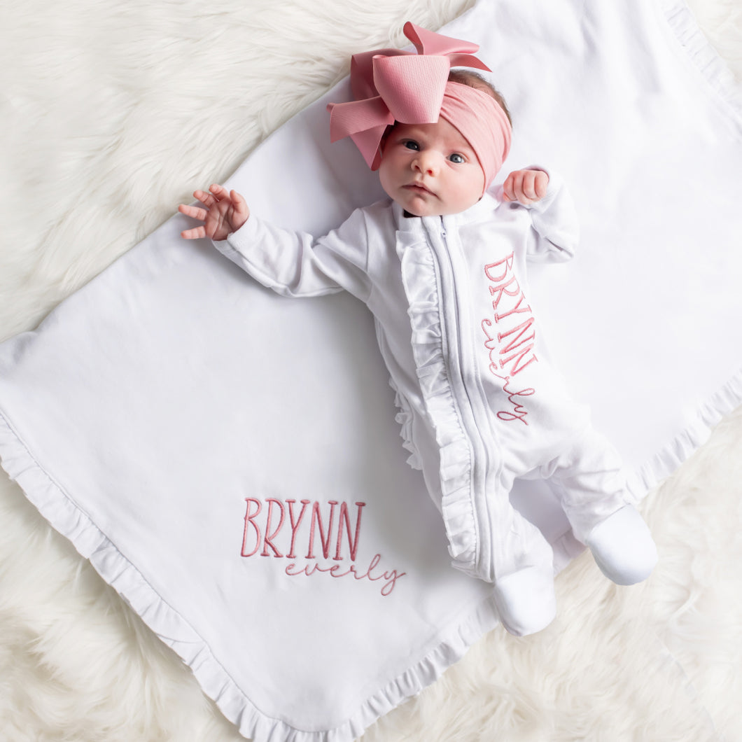 Personalized Baby Girl Ruffle Sleeper Set with Big Bow Headband Junie Grace