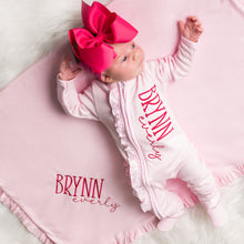 Personalized Baby Girl Ruffle Sleeper Set with Big Bow Headband  - Light Pink