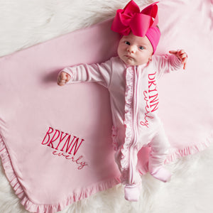 Personalized Baby Girl Ruffle Sleeper Set with Big Bow Headband  - Light Pink