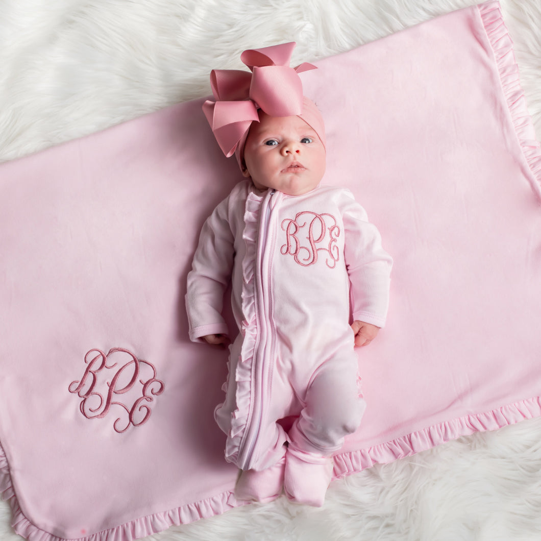 Personalized Baby Girl Ruffle Sleeper Set with Big Bow Headband - Light Pink Monogram