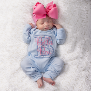 Baby Girl Coming Home Outfit w/ Big Bow Headband - Light Blue Chinoiserie