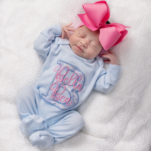 Baby Girl Coming Home Outfit w/ Big Bow Headband - Light Blue Chinoiserie