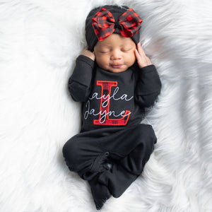 Personalized Baby Girl  Buffalo Plaid Christmas Outfit With Bow Hat