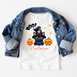 Personalized Kids Halloween T Shirt - Black Cat with Witches Hat