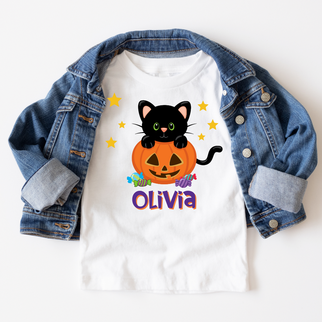 Personalized Kids Halloween T Shirt - Black Cat & Pumpkin