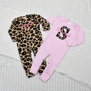 Personalized Leopard Print Baby Girl Sleepers - 2 Piece Sleeper Set  0-3M SET