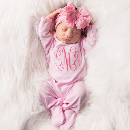 Monogrammed Baby Girl Outfit w/ Big Lace Bow Headband - Pink