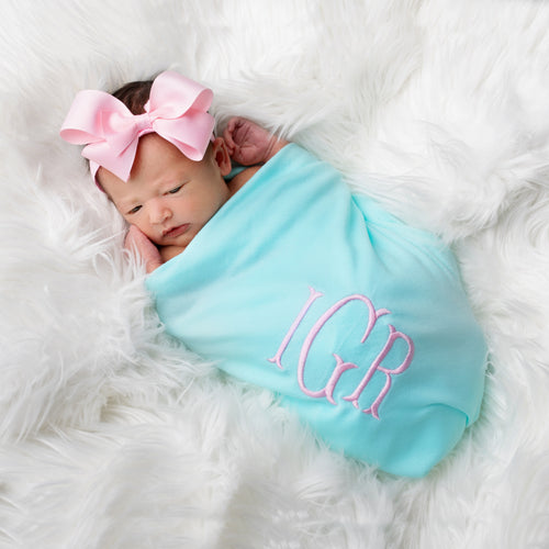 Personalized Baby Girl Swaddle and Headband Gift Set - Mint and Light Pink