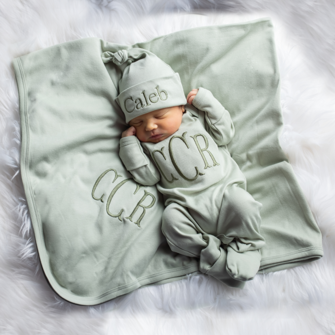 Monogrammed Baby Boy Gift Set with Blanket and Knotted Hat Light Sag Junie Grace
