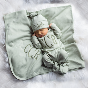 Monogrammed Baby Boy Gift Set with Blanket and Knotted Hat - Light Sage