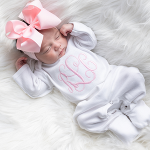 Monogrammed Baby Girl Outfit w/ Big Bow Headband - White