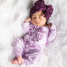 Custom Hello World Baby Girl Outfit w/ Big Lace Headwrap - Lavender