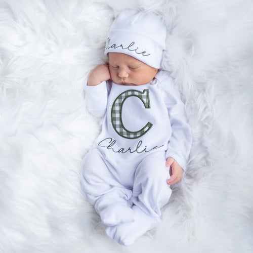 Personalized  Baby Boy  Outfit - White and Sage Gingham