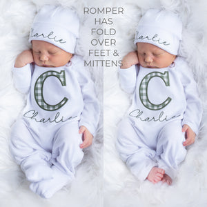 Personalized  Baby Boy  Outfit - White and Sage Gingham