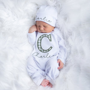 Baby Boy Personalized Outfit - Sage and White Gingham