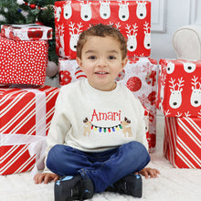 Personalized Kid's Christmas Sweatshirt  -  Reindeers and Christmas Lights