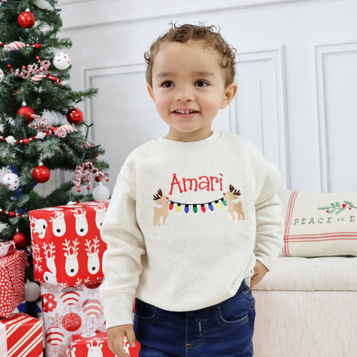 Personalized Kid's Christmas Sweatshirt  -  Reindeers and Christmas Lights