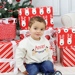 Personalized Kid's Christmas Sweatshirt  -  Reindeers and Christmas Lights