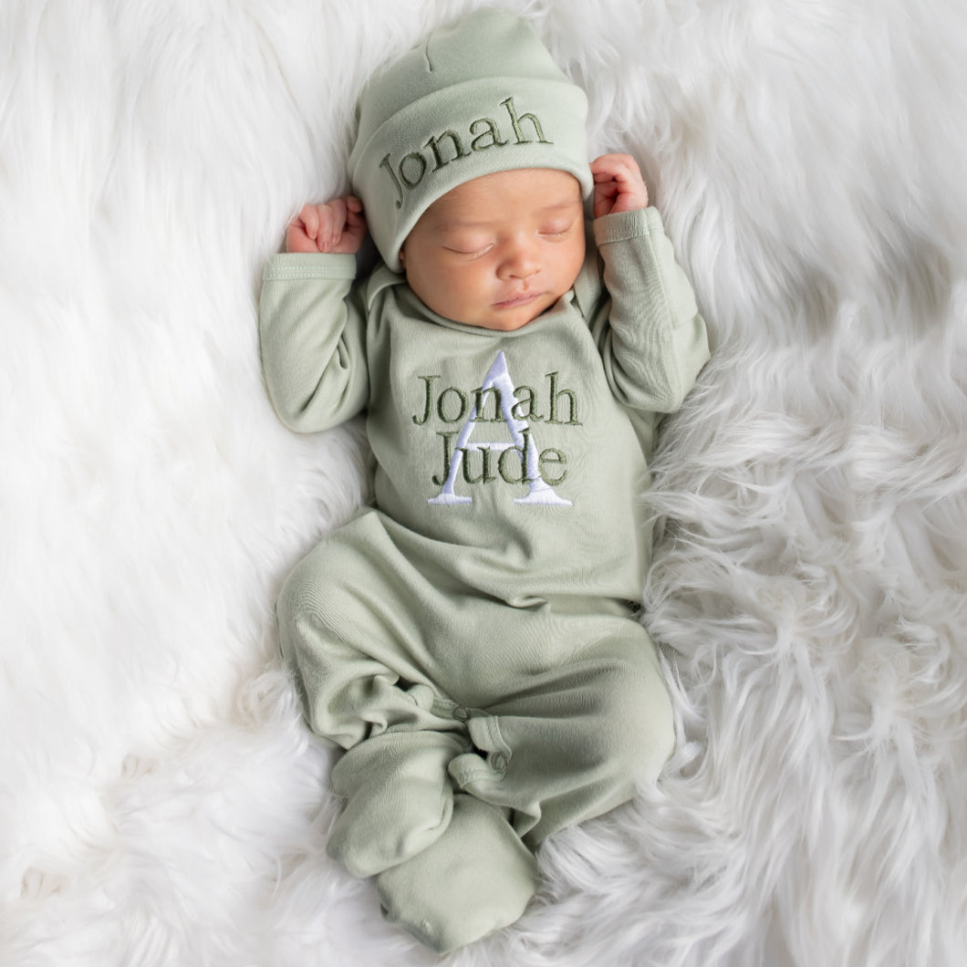 Monogrammed Baby Boy Outfit- Light Sage