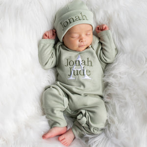 Monogrammed Baby Boy Outfit- Light Sage