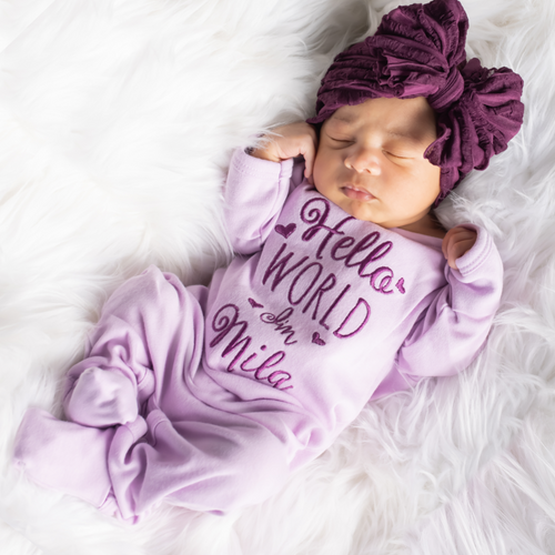 Custom Hello World Baby Girl Outfit w/ Big Lace Headwrap - Lavender