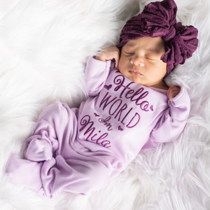 Custom Hello World Baby Girl Outfit w/ Big Lace Headwrap - Lavender