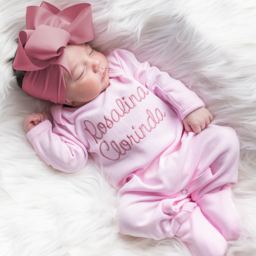 Personalized  Baby Girl Coming Home Outfit w/ Big Bow Headband - Pink and Mauve