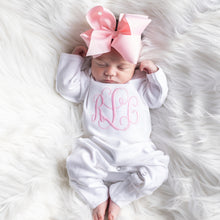 Monogrammed Baby Girl Outfit w/ Big Bow Headband - White
