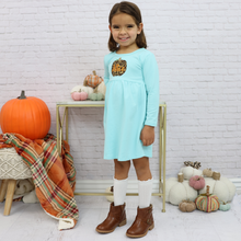 Personalized Girl's Fall Dress - Aqua w/ Leopard Print Applique Pumpkin