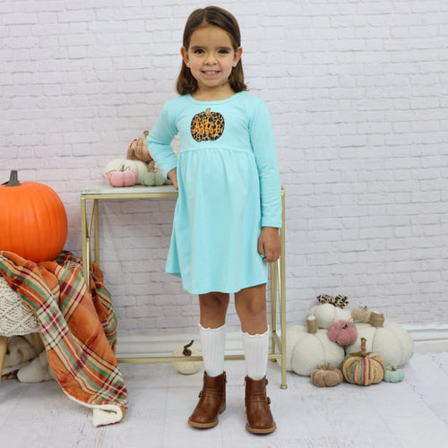 Personalized Girl's Fall Dress - Aqua w/ Leopard Print Applique Pumpkin